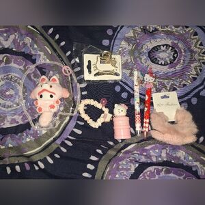 Hello Kitty Pink and White Hair Accessory Set Lip Gloss Pens Etc